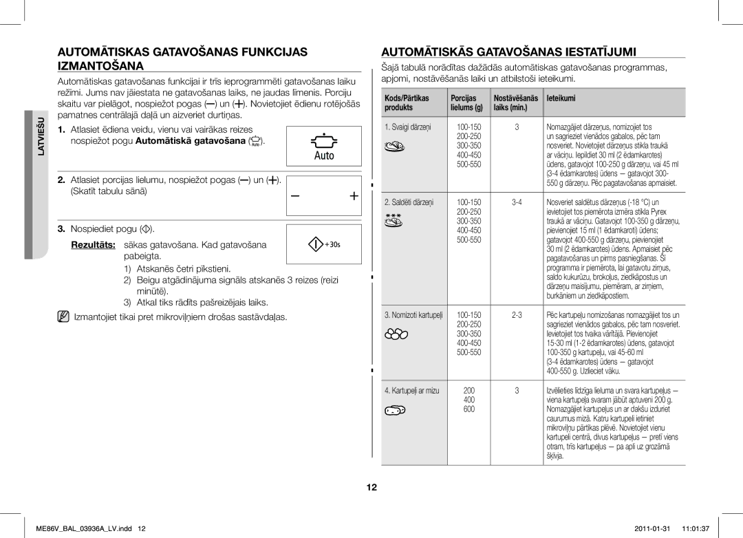 Samsung ME86V-BB/BAL manual Automātiskas Gatavošanas Funkcijas Izmantošana, Automātiskās Gatavošanas Iestatījumi, Produkts 