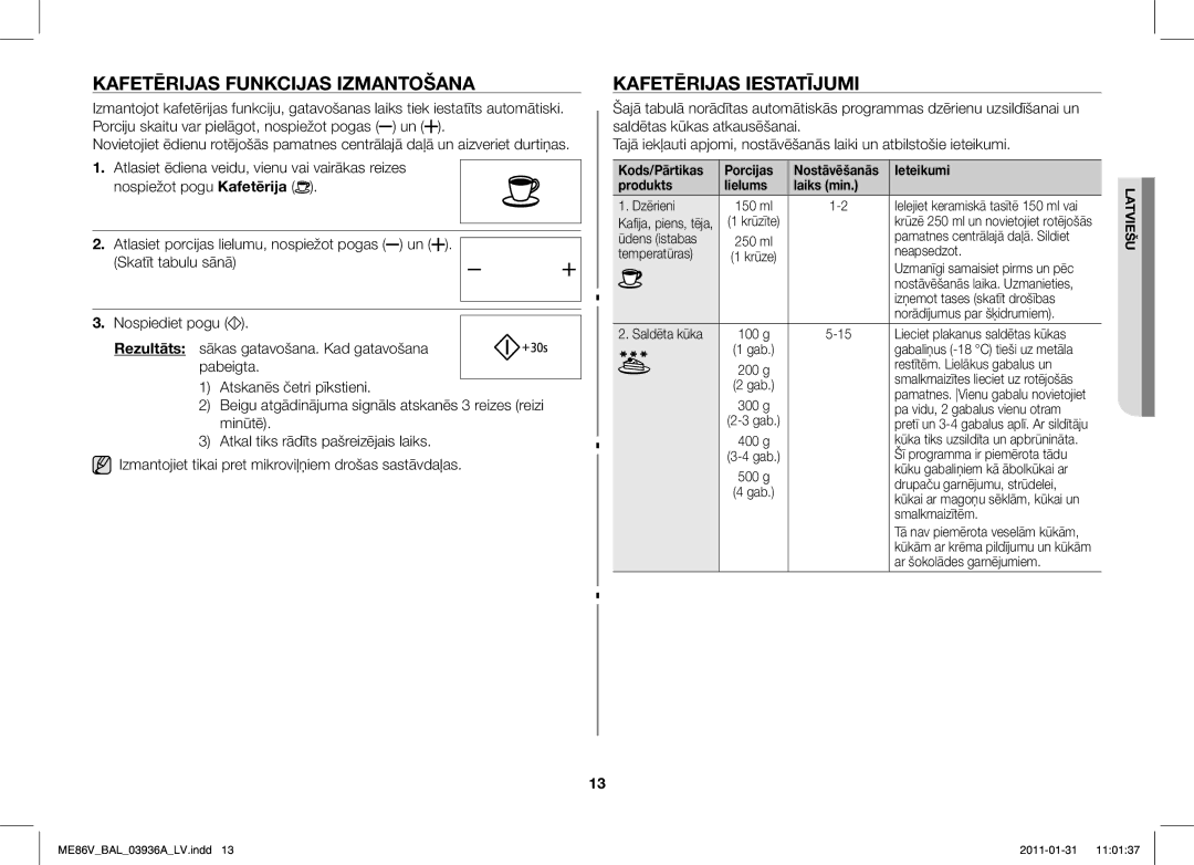 Samsung ME86V-BB/BAL manual Kafetērijas Funkcijas Izmantošana, Kafetērijas Iestatījumi 