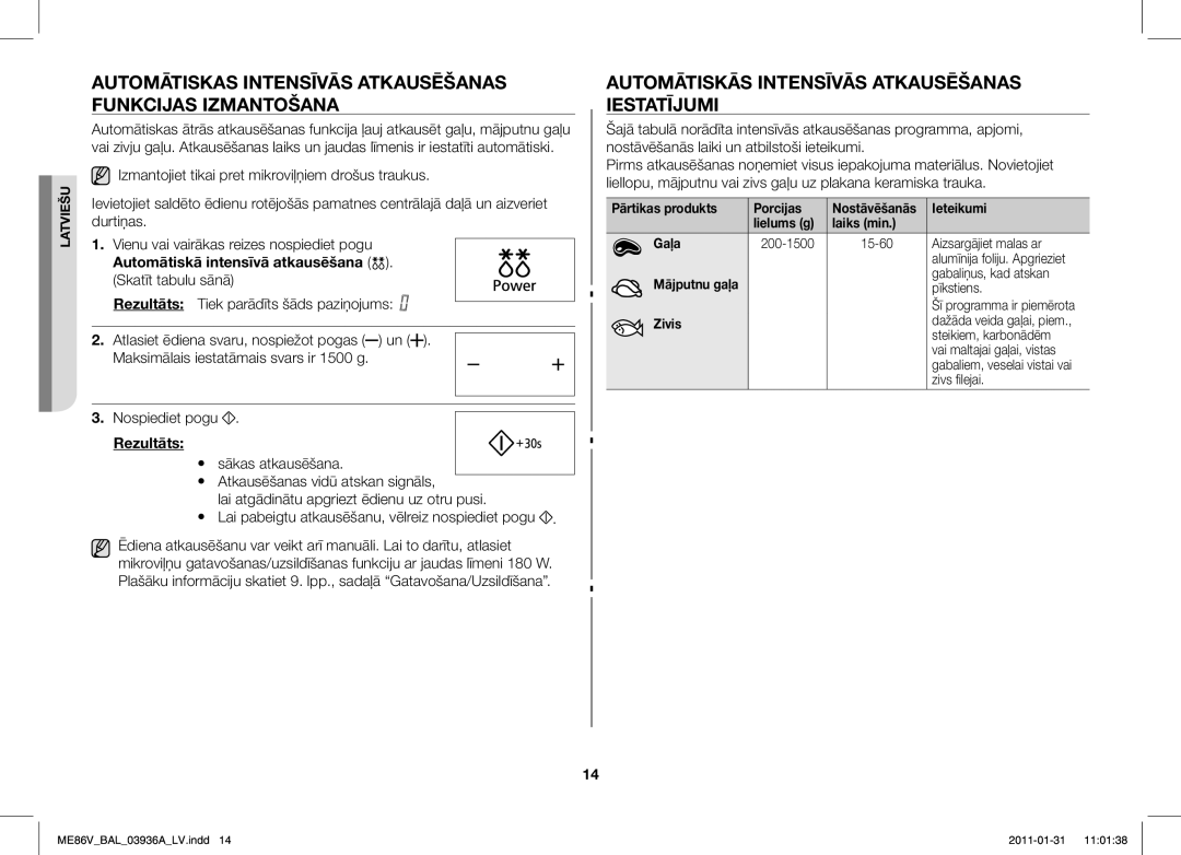 Samsung ME86V-BB/BAL manual Automātiskas Intensīvās Atkausēšanas Funkcijas Izmantošana, Rezultāts 