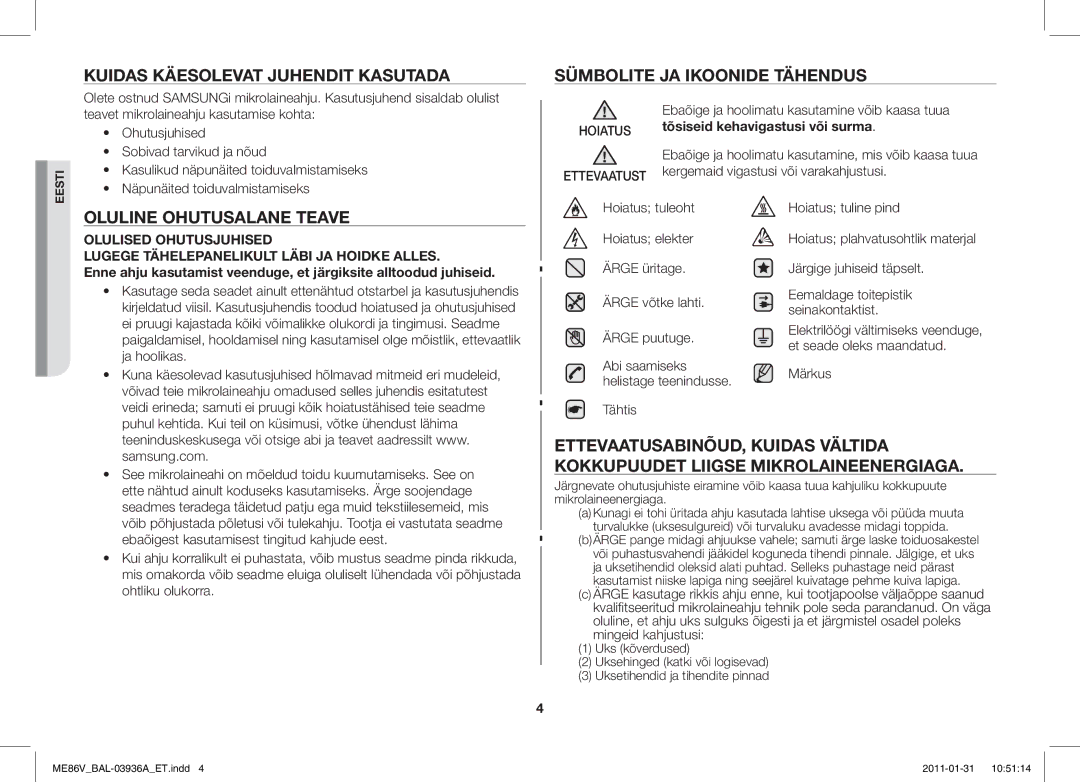 Samsung ME86V-BB/BAL manual Kuidas Käesolevat Juhendit Kasutada, Oluline Ohutusalane Teave, Sümbolite JA Ikoonide Tähendus 