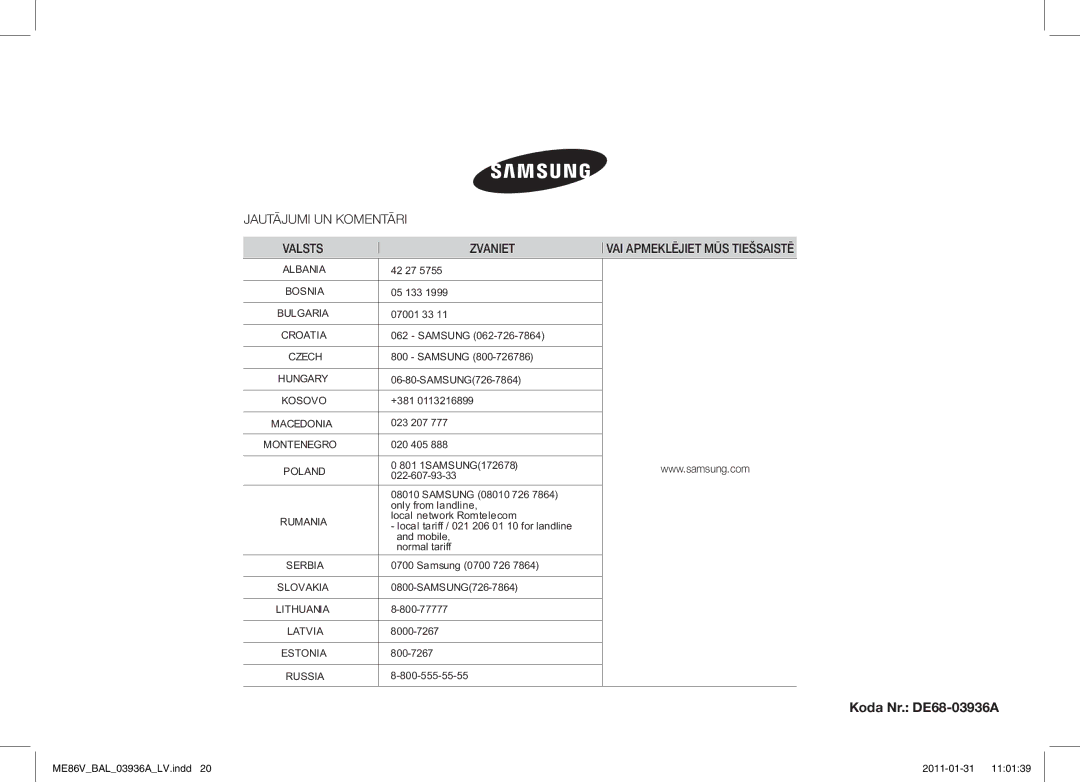 Samsung ME86V-BB/BAL manual Koda Nr. DE68-03936A, Zvaniet 