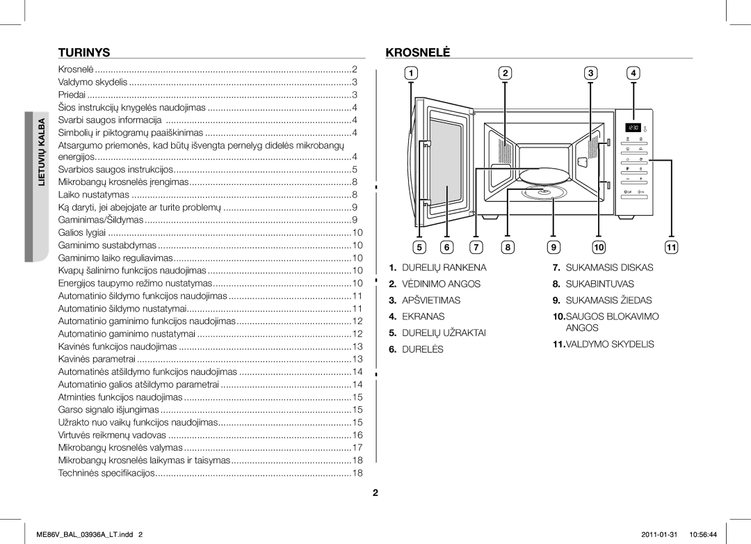 Samsung ME86V-BB/BAL manual Turinys, Krosnelė, Mikrobangų krosnelės laikymas ir taisymas 