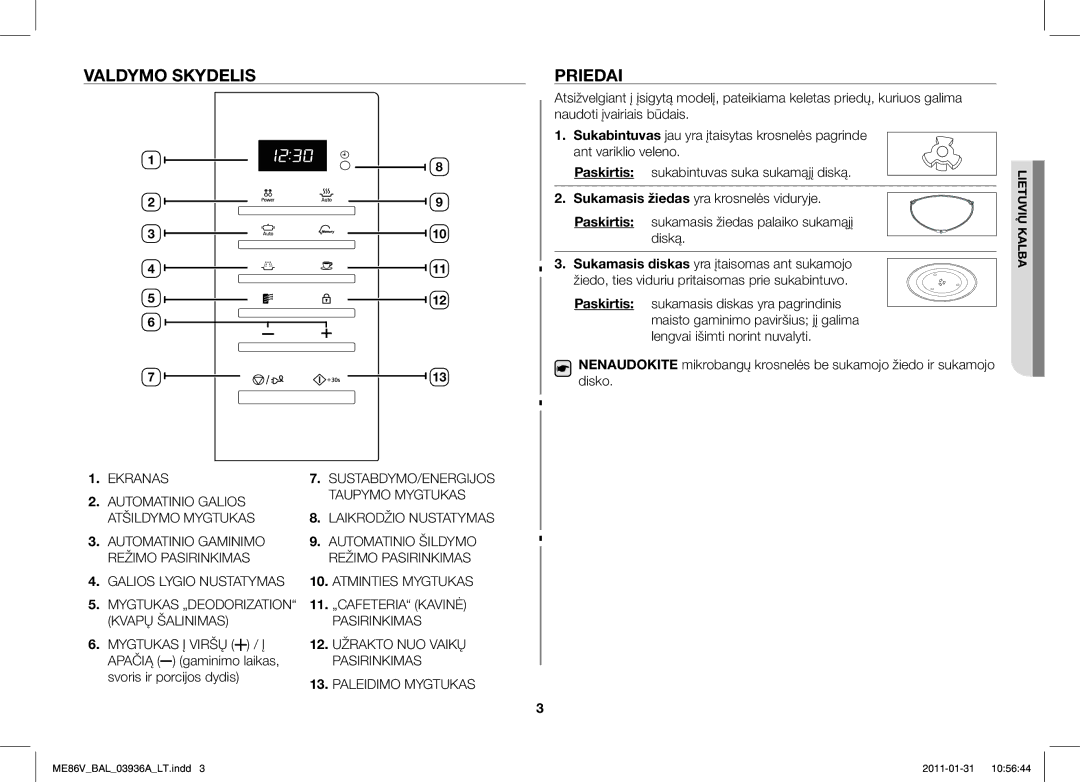 Samsung ME86V-BB/BAL manual Valdymo Skydelis, Priedai 