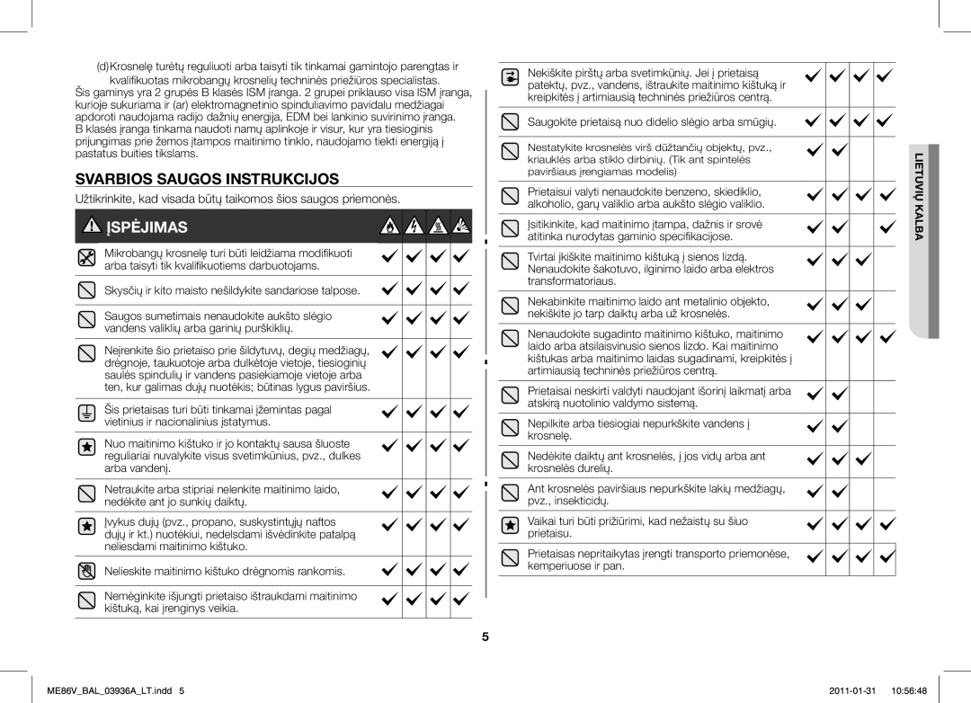 Samsung ME86V-BB/BAL manual Svarbios Saugos Instrukcijos, Skysčių ir kito maisto nešildykite sandariose talpose 