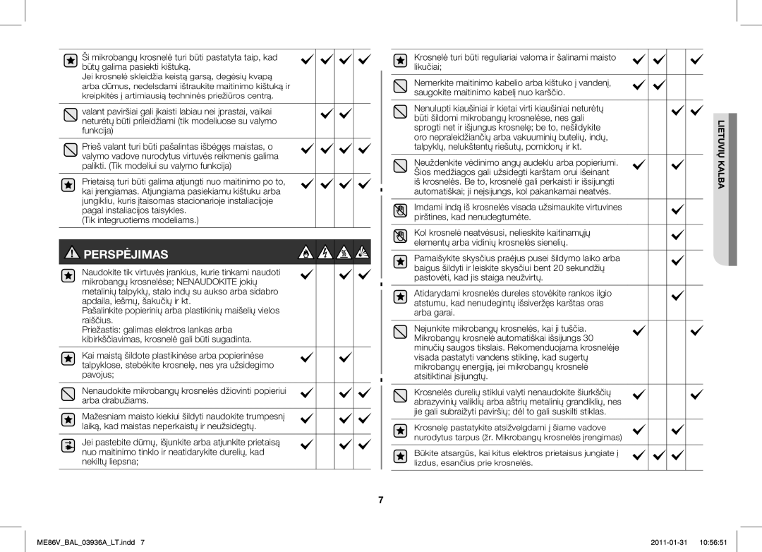 Samsung ME86V-BB/BAL manual Sprogti net ir išjungus krosnelę be to, nešildykite 