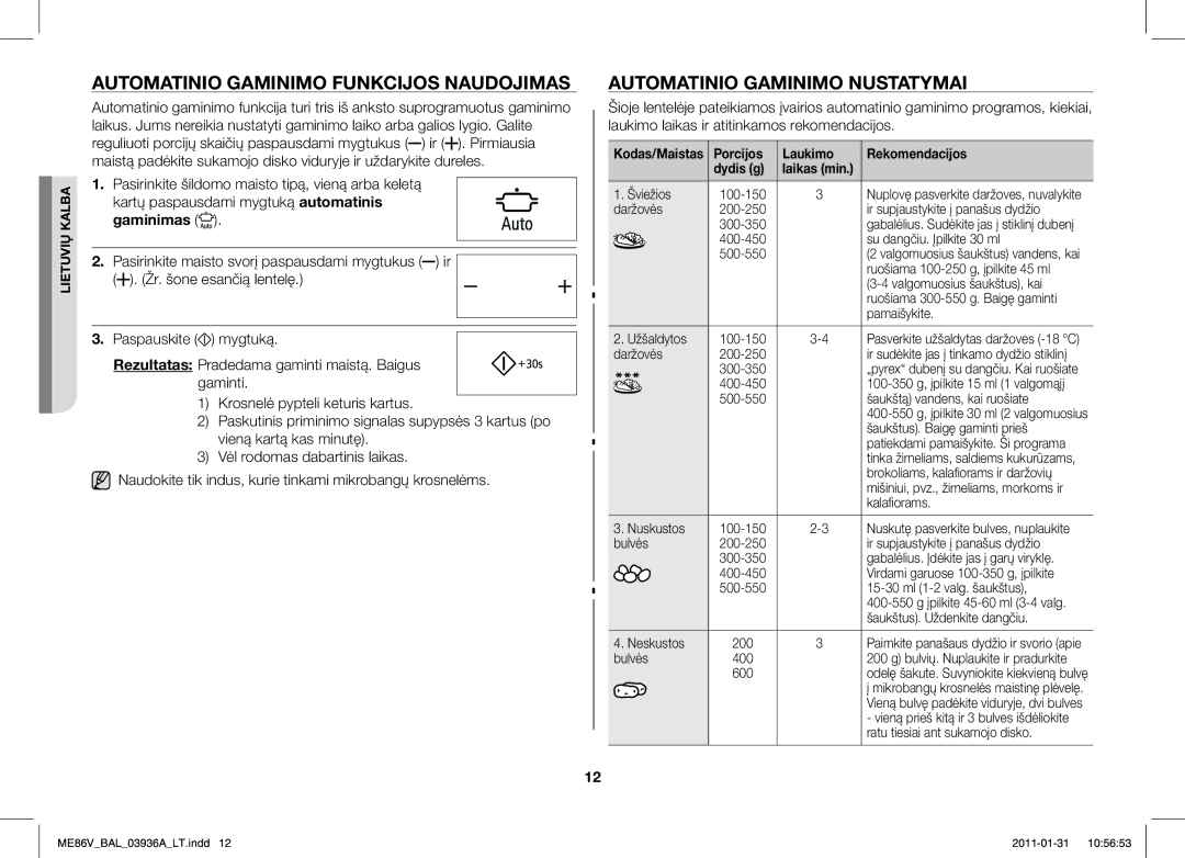 Samsung ME86V-BB/BAL manual Automatinio Gaminimo Funkcijos Naudojimas, Automatinio Gaminimo Nustatymai, Gaminimas 