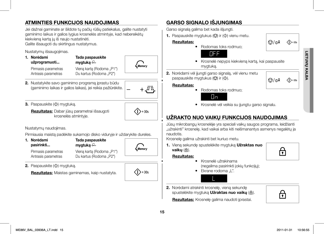 Samsung ME86V-BB/BAL Atminties Funkcijos Naudojimas, Garso Signalo Išjungimas, Užrakto NUO Vaikų Funkcijos Naudojimas 