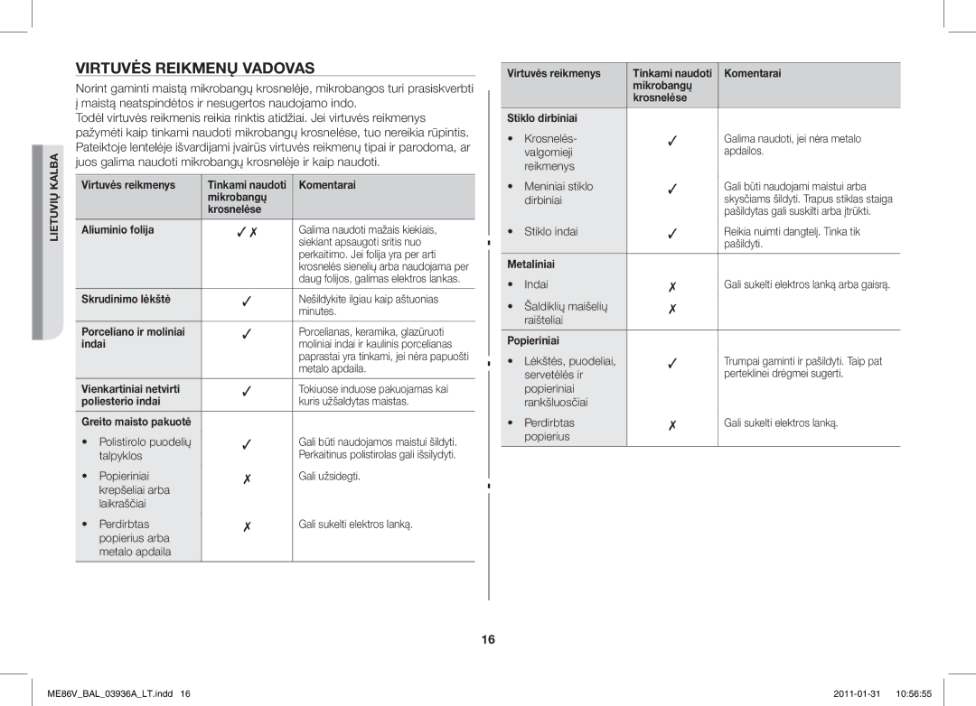 Samsung ME86V-BB/BAL manual Virtuvės Reikmenų Vadovas 