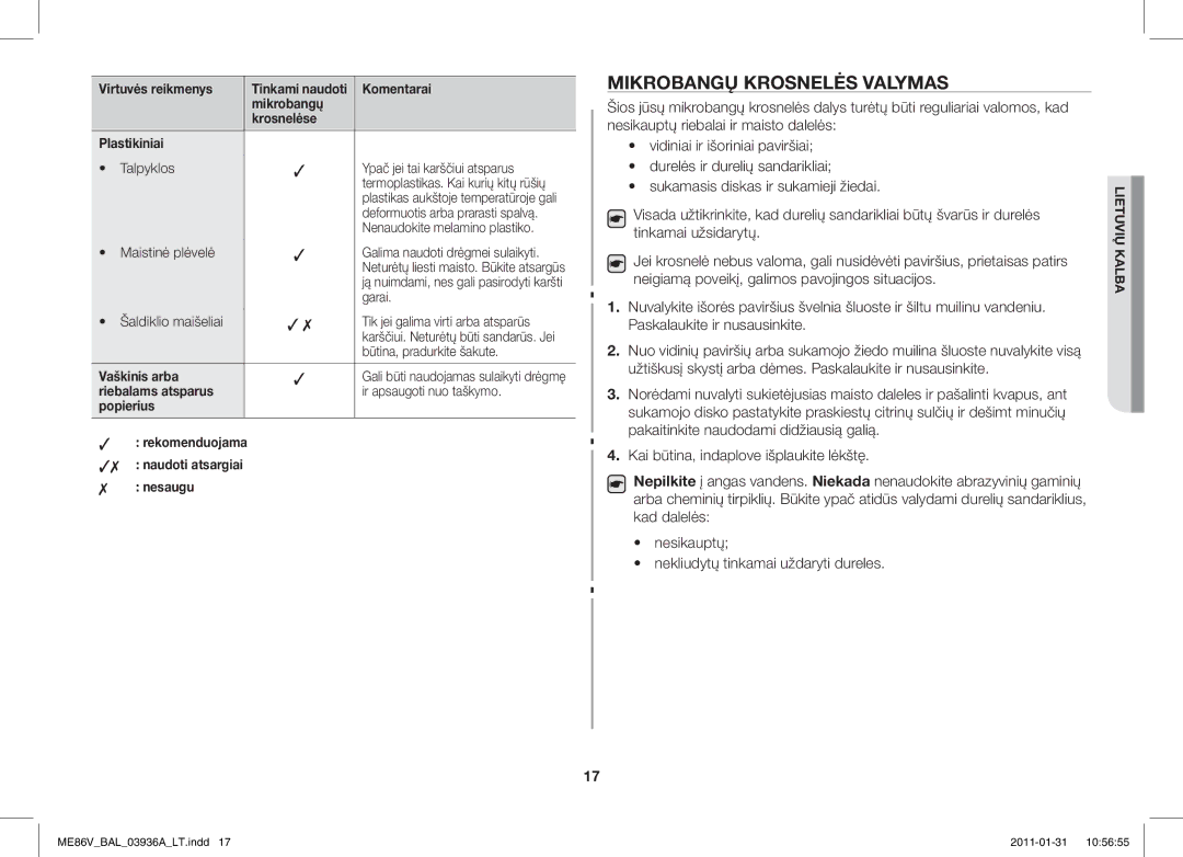 Samsung ME86V-BB/BAL Mikrobangų Krosnelės Valymas, Mikrobangų Krosnelėse Plastikiniai, Vaškinis arba, Riebalams atsparus 