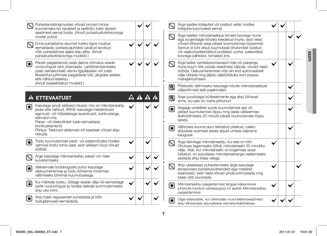 Samsung ME86V-BB/BAL manual Ettevaatust, Ainult sisseehitatud mudelid 