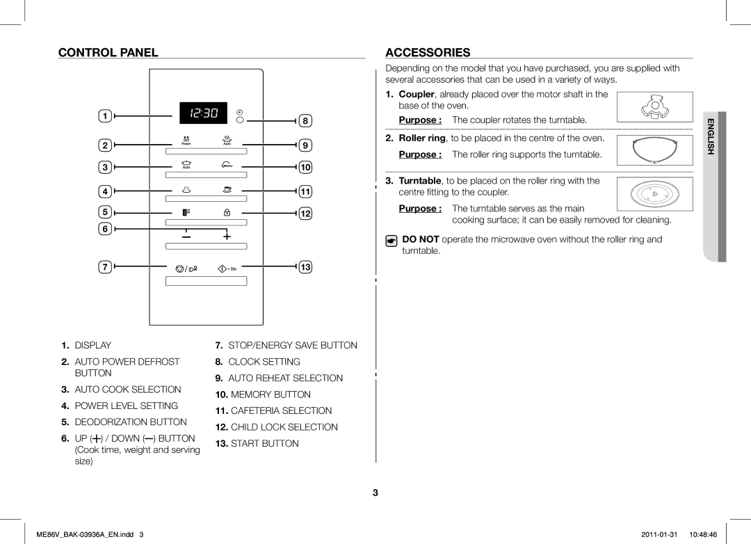 Samsung ME86V-BB/BAL manual Control Panel Accessories 