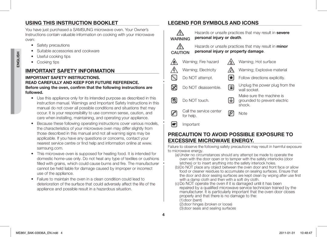 Samsung ME86V-BB/BAL Using this Instruction Booklet, Important Safety Information, Personal injury or property damage 