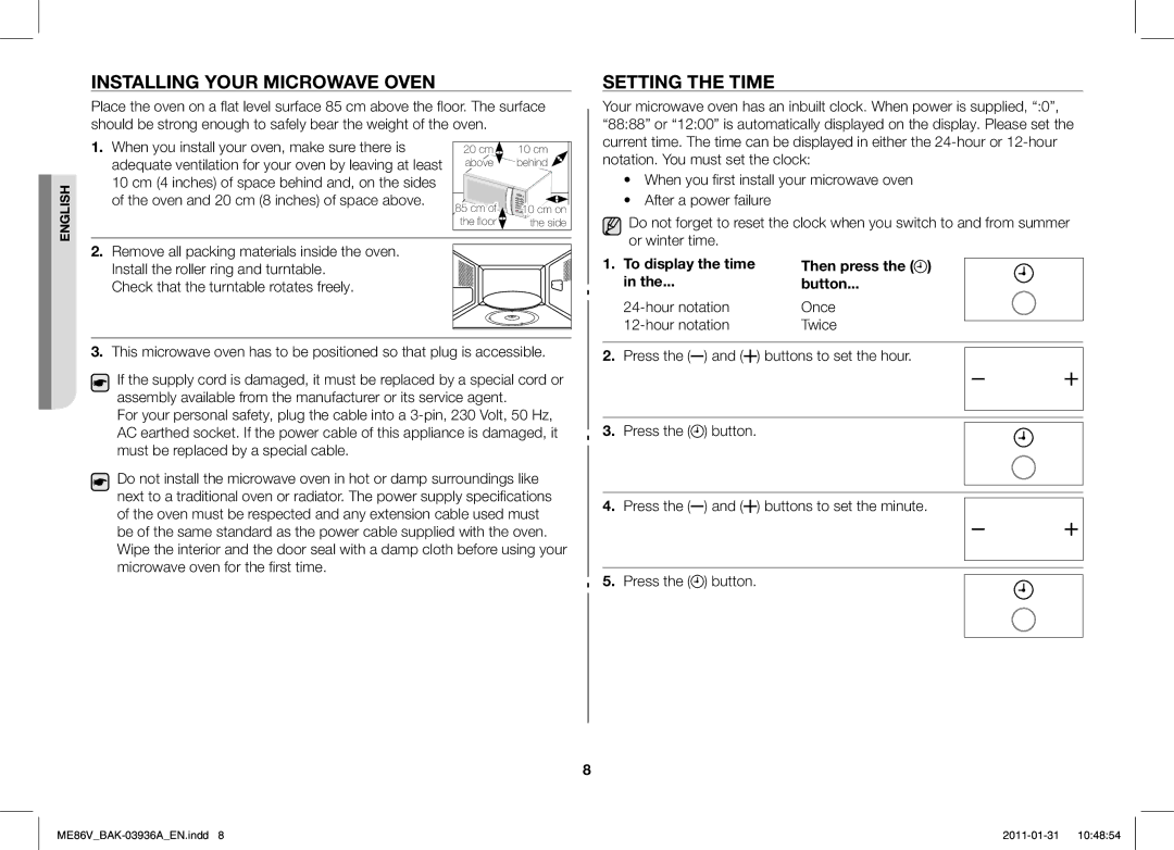 Samsung ME86V-BB/BAL manual Installing Your Microwave Oven, Setting the Time, Then press Button, To display the time 