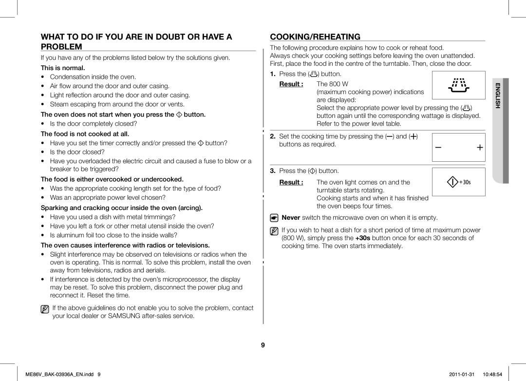 Samsung ME86V-BB/BAL manual What to do if YOU are in Doubt or have a Problem, Cooking/Reheating, Result 