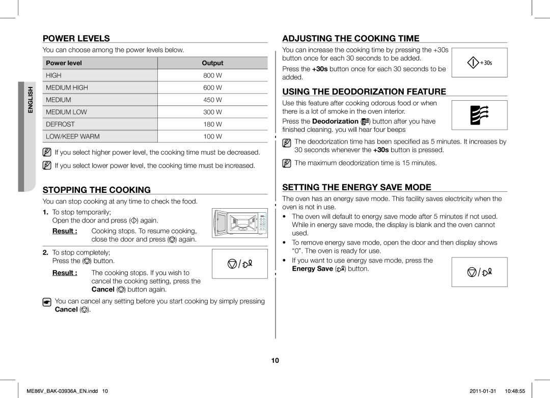 Samsung ME86V-BB/BAL manual Power Levels, Stopping the Cooking, Adjusting the Cooking Time, Using the Deodorization Feature 