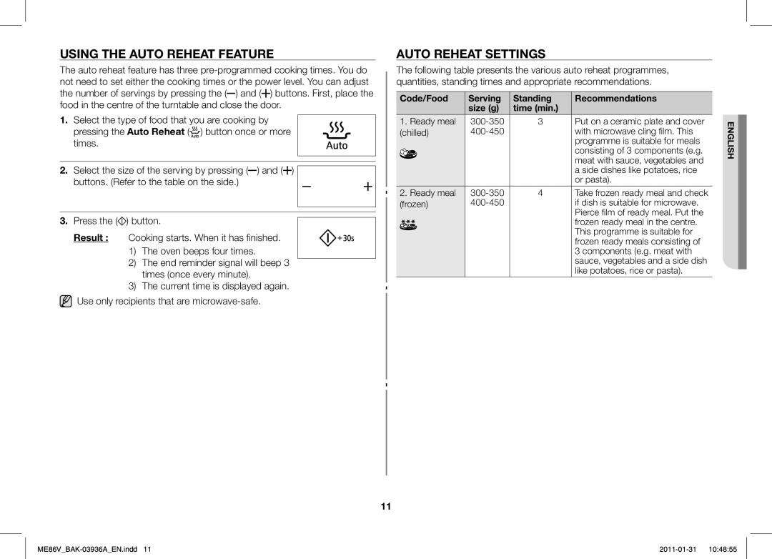 Samsung ME86V-BB/BAL manual Using the Auto Reheat Feature, Auto Reheat Settings 