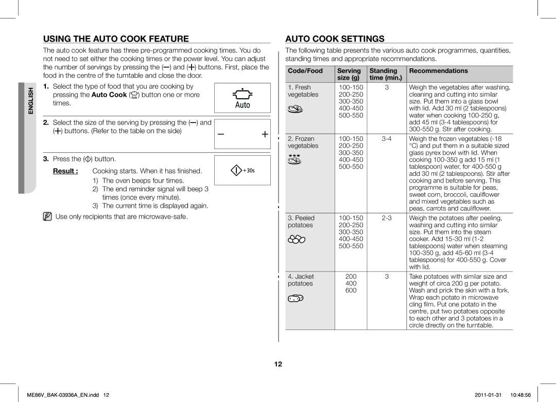 Samsung ME86V-BB/BAL manual Using the Auto Cook Feature, Auto Cook Settings 