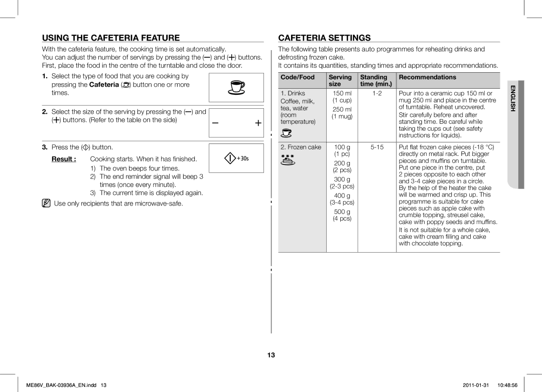 Samsung ME86V-BB/BAL manual Using the Cafeteria Feature, Cafeteria Settings 