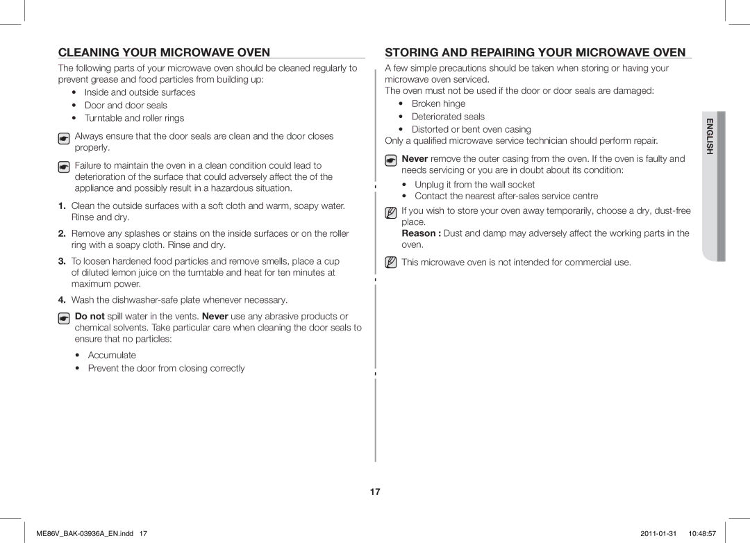 Samsung ME86V-BB/BAL manual Cleaning Your Microwave Oven, Storing and Repairing Your Microwave Oven 