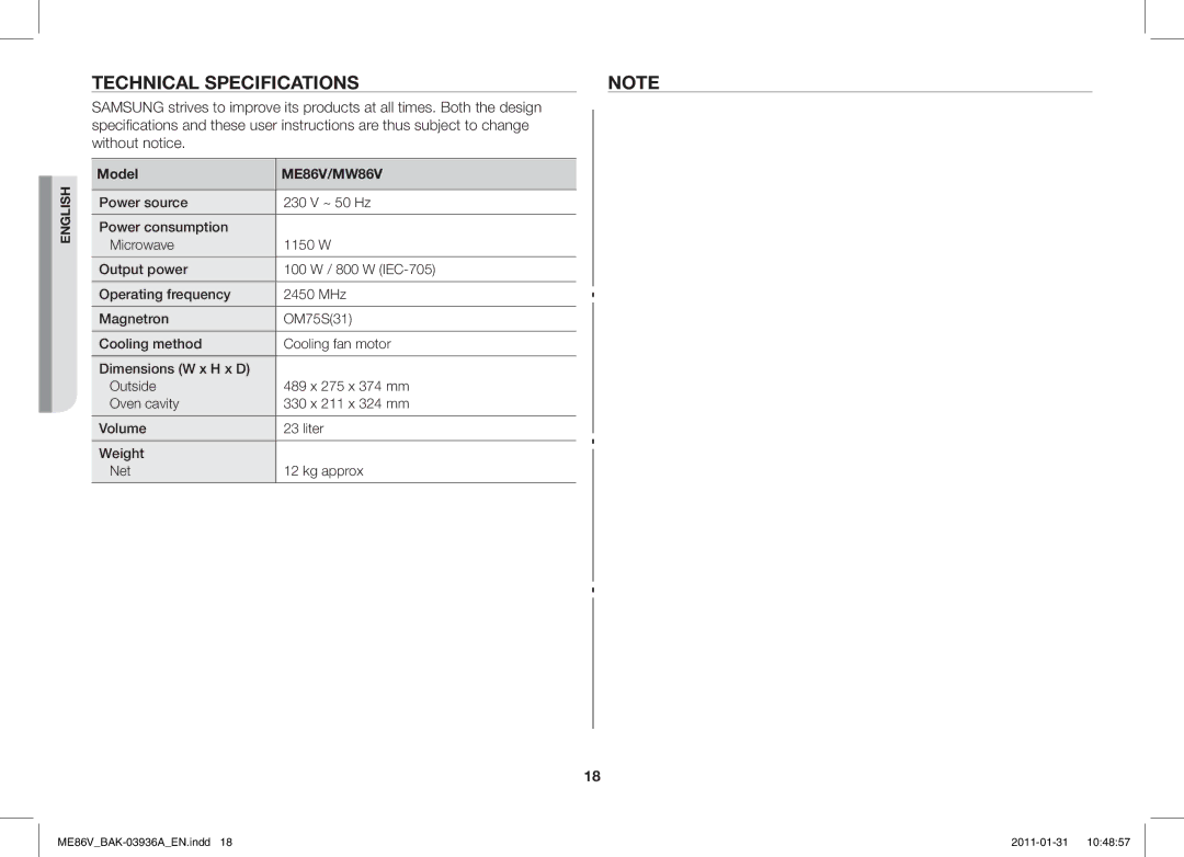 Samsung ME86V-BB/BAL manual Technical Specifications, Model 