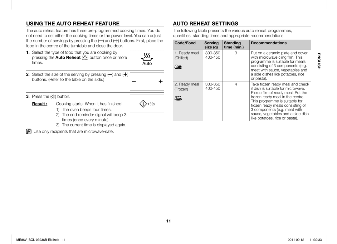 Samsung ME86V-SS/SLI, ME86V-BB/BOL, ME86V-SS/BOL, ME86V-SS/XEO manual Using the Auto Reheat Feature, Auto Reheat Settings 