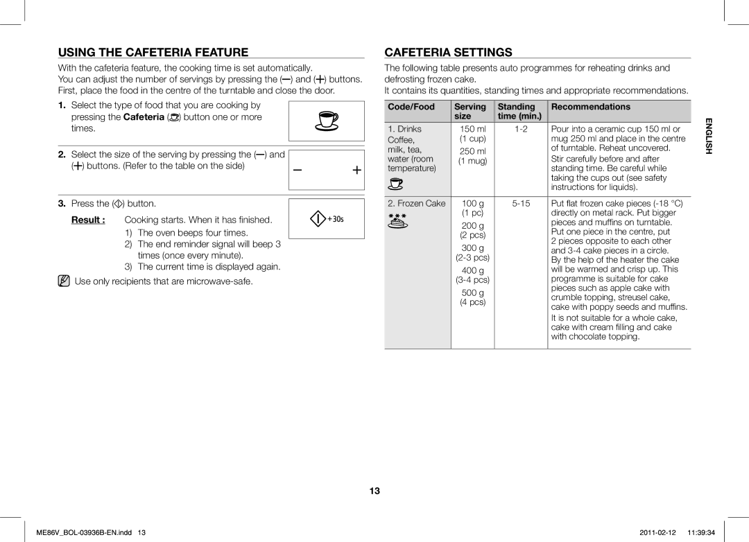 Samsung ME86V-SS/BOL, ME86V-BB/BOL, ME86V-SS/XEO, ME86V-SS/SLI manual Using the Cafeteria Feature, Cafeteria Settings 