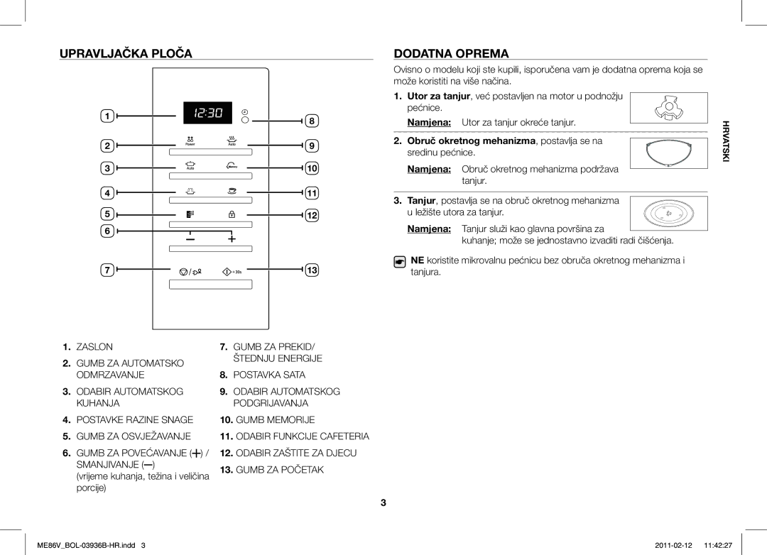 Samsung ME86V-SS/SLI manual Upravljačka Ploča Dodatna Oprema, Obruč okretnog mehanizma, postavlja se na sredinu pećnice 