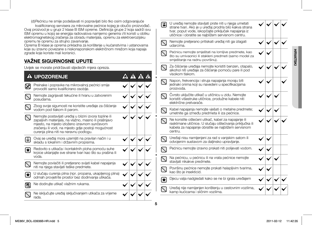 Samsung ME86V-SS/BOL, ME86V-BB/BOL manual Važne Sigurnosne Upute, Uvijek se morate pridržavati sljedećih mjera opreza 