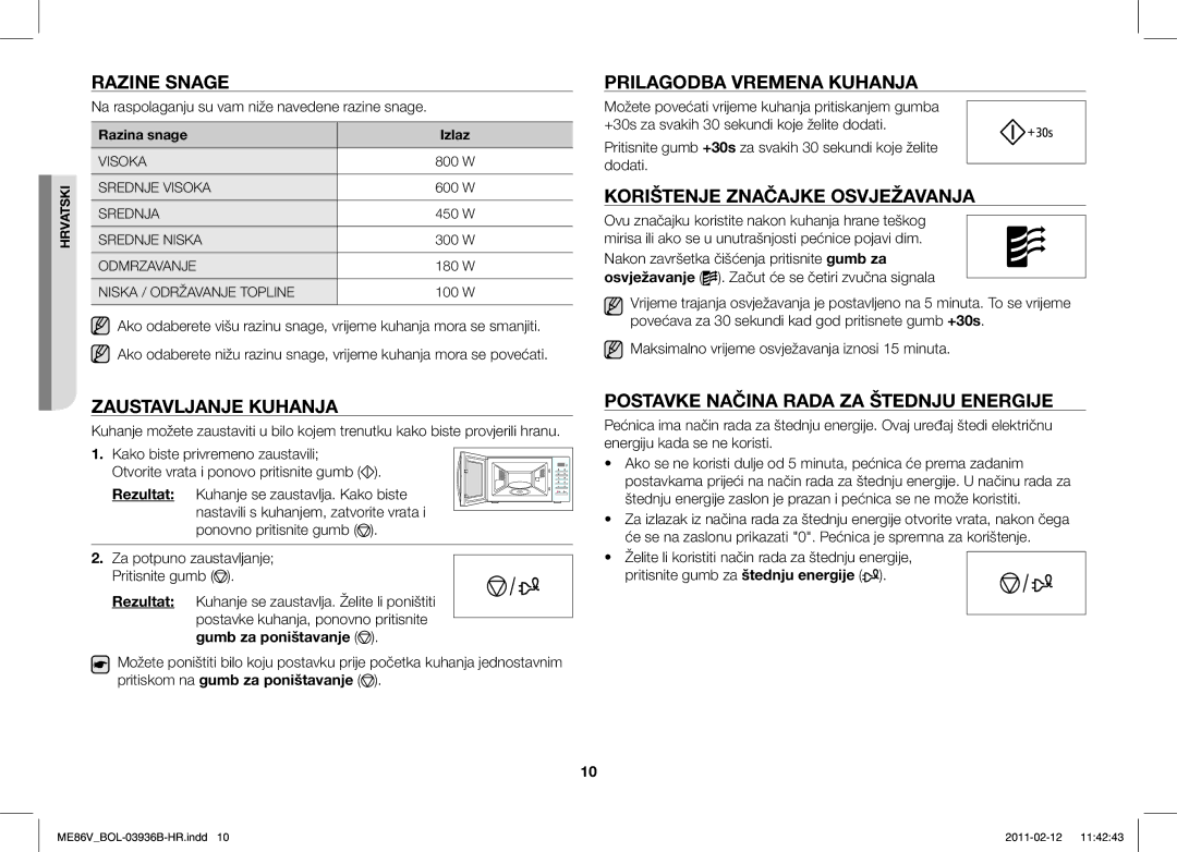 Samsung ME86V-SS/XEO Razine Snage, Zaustavljanje Kuhanja, Prilagodba Vremena Kuhanja, Korištenje Značajke Osvježavanja 