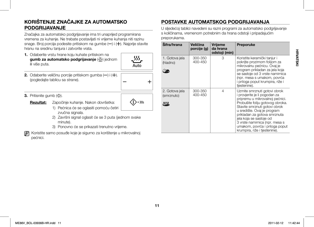 Samsung ME86V-SS/SLI, ME86V-BB/BOL Korištenje Značajke ZA Automatsko Podgrijavanje, Postavke Automatskog Podgrijavanja 