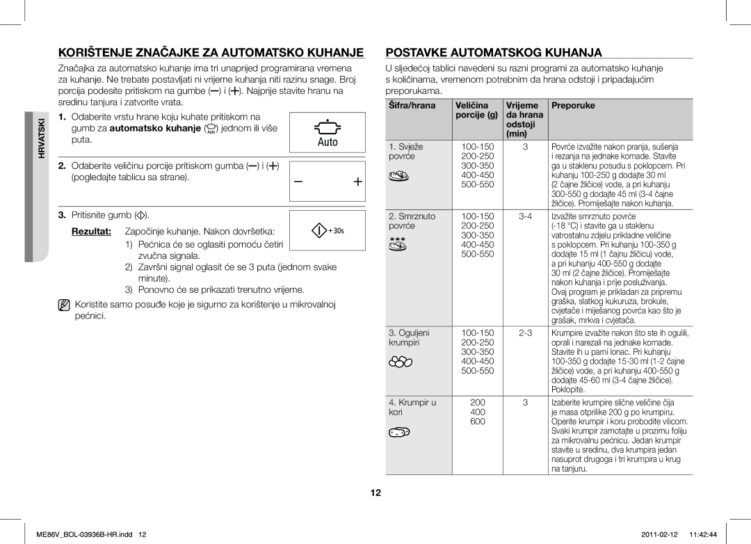 Samsung ME86V-BB/BOL, ME86V-SS/BOL, ME86V-SS/XEO Korištenje Značajke ZA Automatsko Kuhanje, Postavke Automatskog Kuhanja 