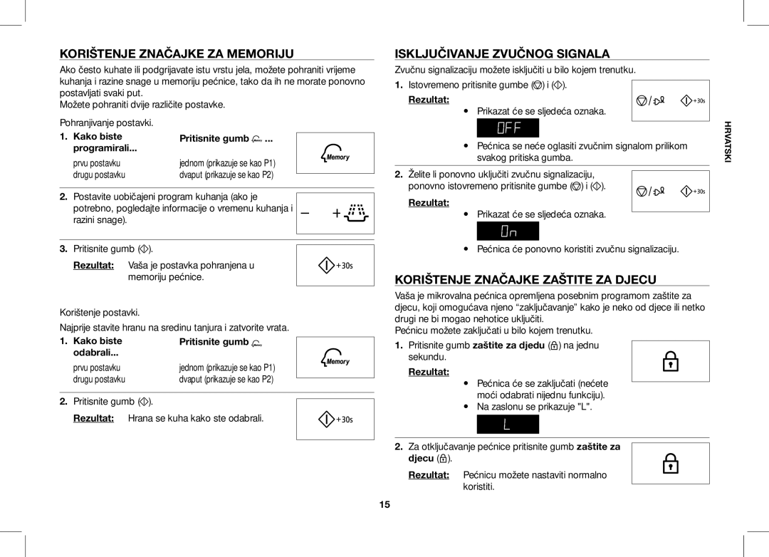 Samsung ME86V-SS/SLI Korištenje Značajke ZA Memoriju, Isključivanje Zvučnog Signala, Korištenje Značajke Zaštite ZA Djecu 