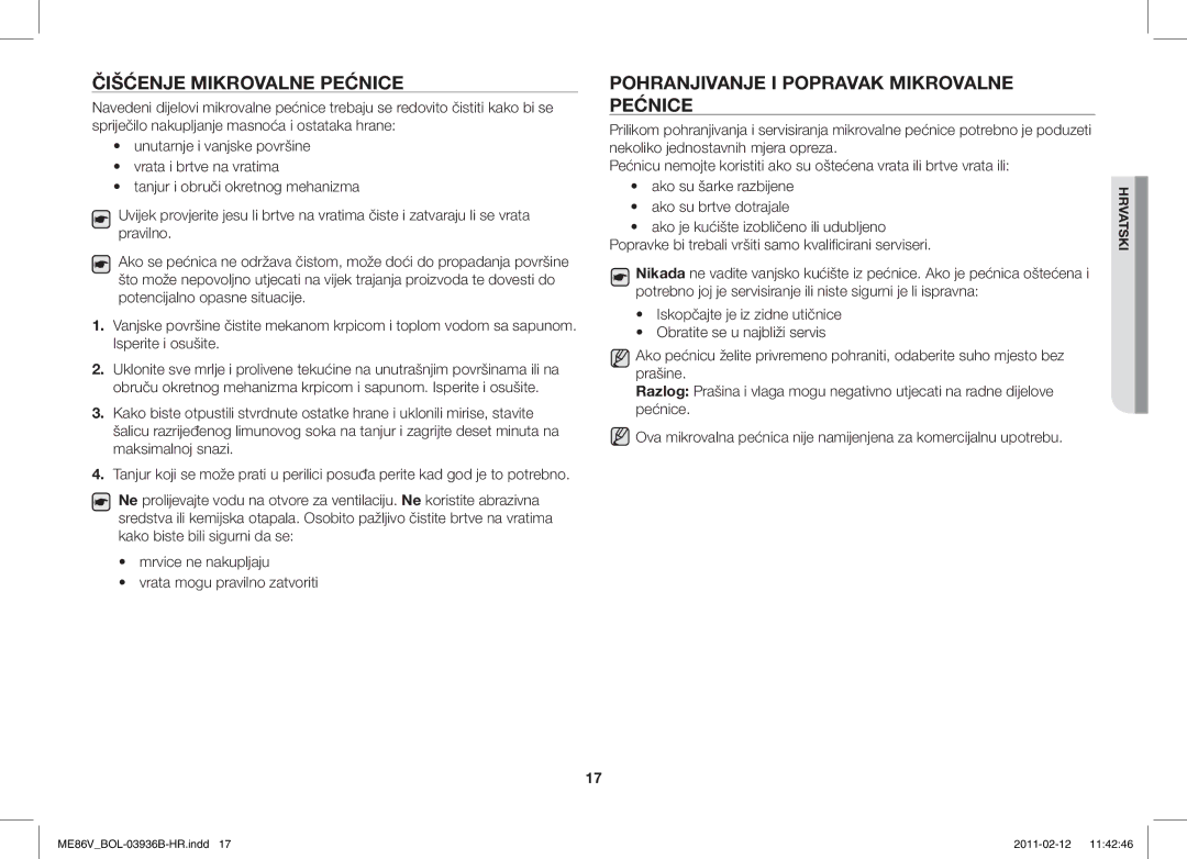 Samsung ME86V-SS/BOL, ME86V-BB/BOL, ME86V-SS/XEO Čišćenje Mikrovalne Pećnice, Pohranjivanje I Popravak Mikrovalne Pećnice 