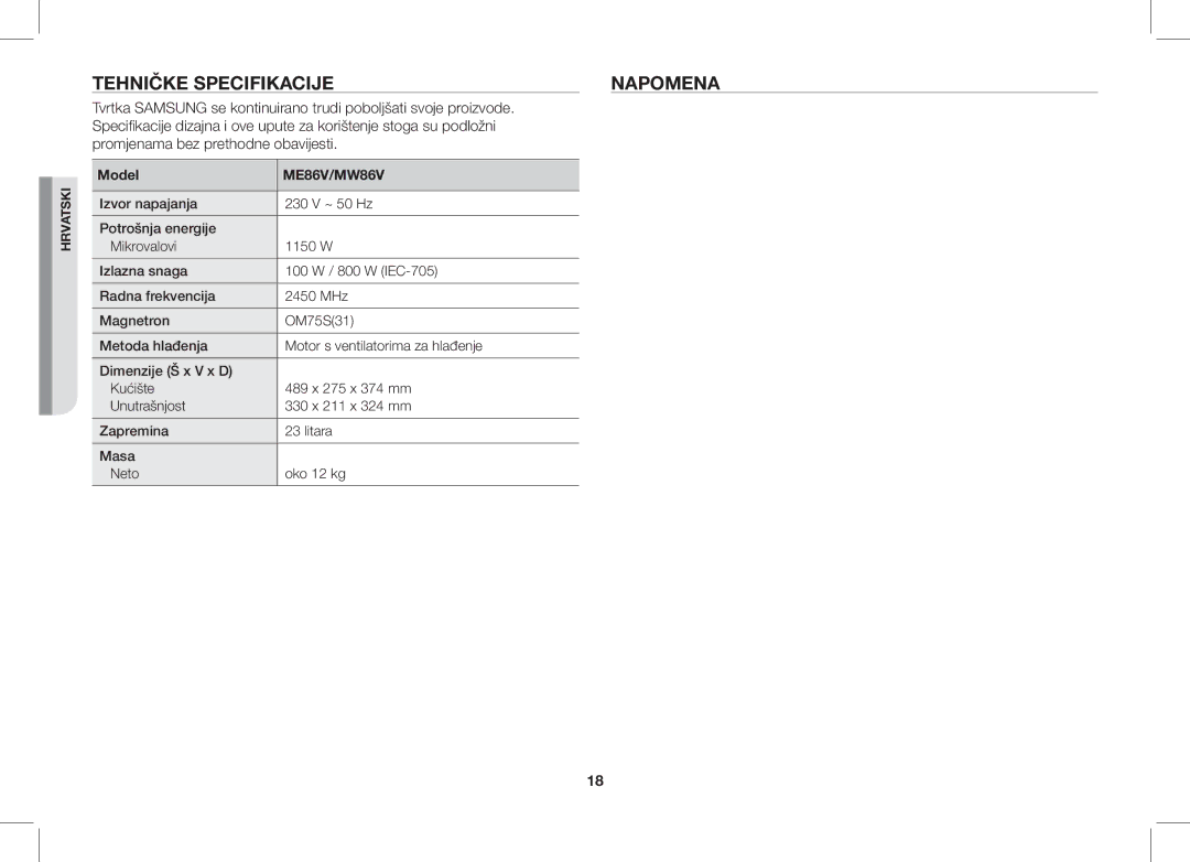 Samsung ME86V-SS/XEO, ME86V-BB/BOL, ME86V-SS/BOL, ME86V-SS/SLI manual Tehničke Specifikacije Napomena, Model 