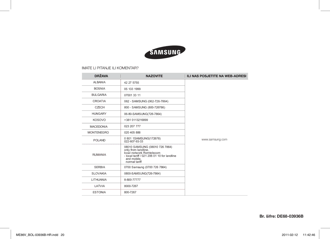 Samsung ME86V-BB/BOL, ME86V-SS/BOL, ME86V-SS/XEO, ME86V-SS/SLI manual Br. šifre DE68-03936B, Poland 