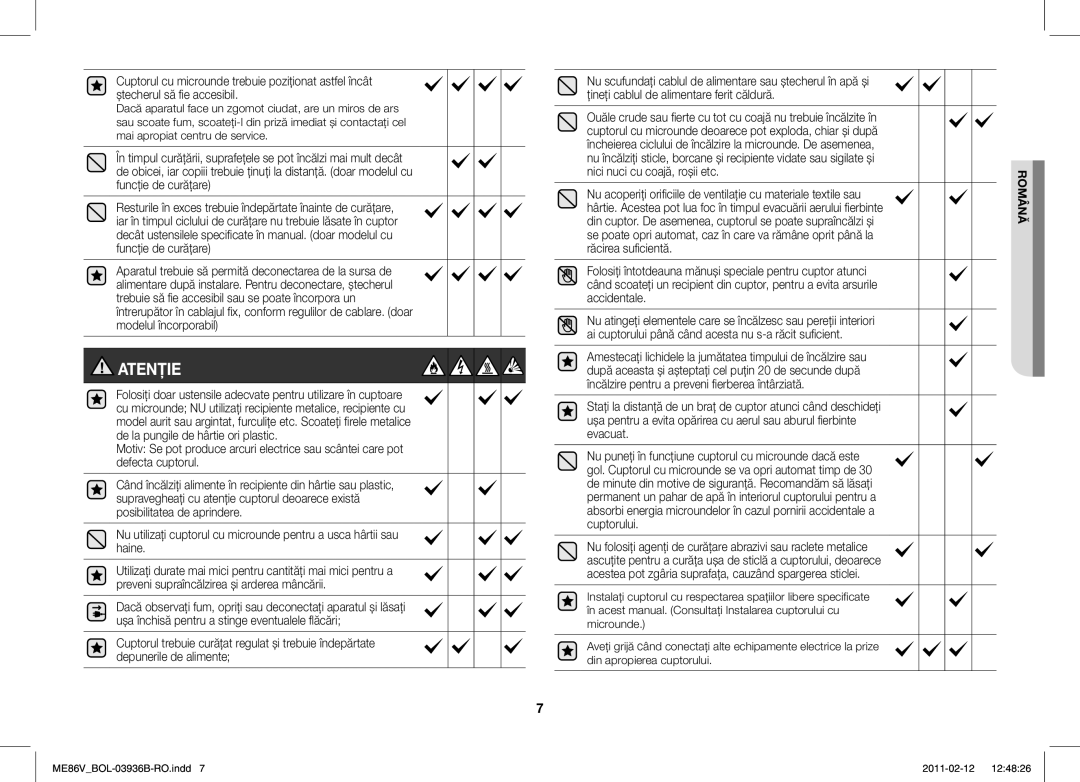 Samsung ME86V-SS/SLI, ME86V-BB/BOL, ME86V-SS/BOL, ME86V-SS/XEO manual Atenţie 