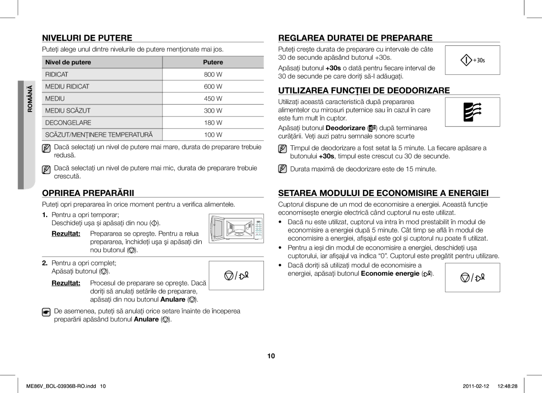 Samsung ME86V-SS/XEO, ME86V-BB/BOL, ME86V-SS/BOL manual Niveluri DE Putere, Oprirea Preparării, Reglarea Duratei DE Preparare 