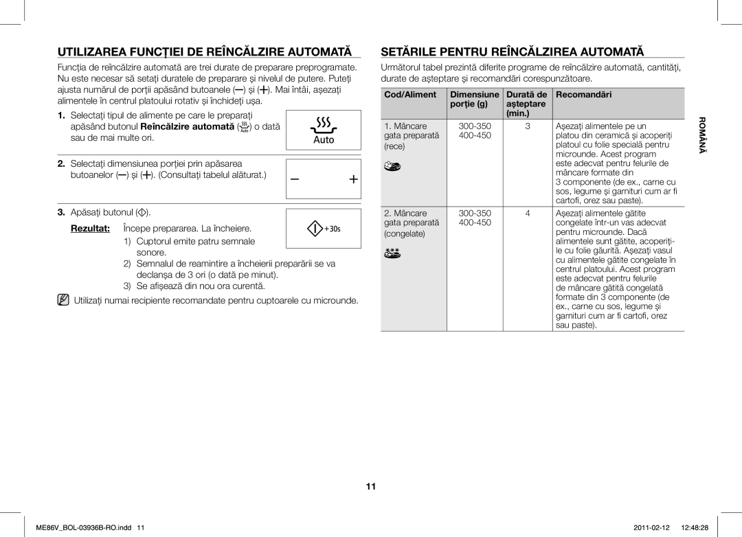 Samsung ME86V-SS/SLI, ME86V-BB/BOL manual Utilizarea Funcţiei DE Reîncălzire Automată, Setările Pentru Reîncălzirea Automată 