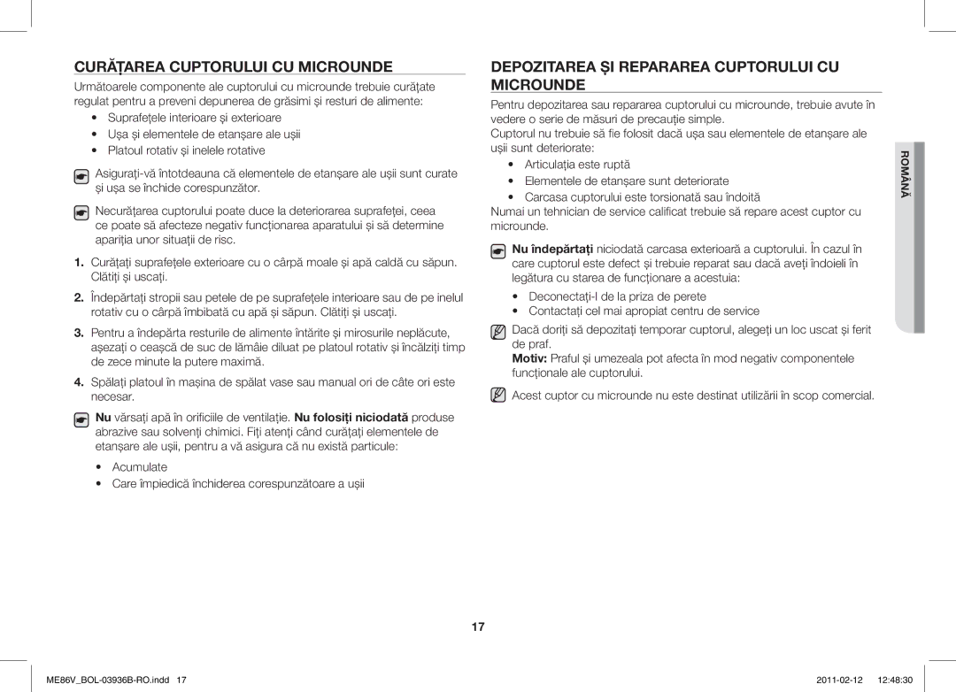 Samsung ME86V-SS/BOL, ME86V-BB/BOL Curăţarea Cuptorului CU Microunde, Depozitarea ŞI Repararea Cuptorului CU Microunde 