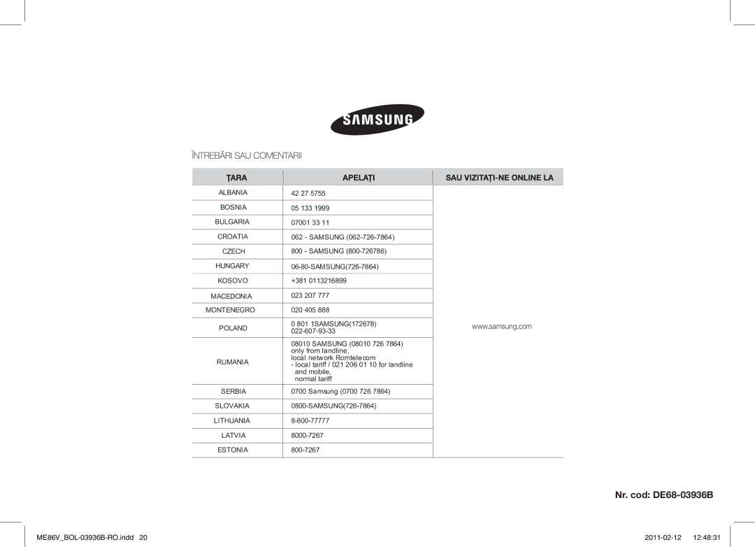 Samsung ME86V-BB/BOL, ME86V-SS/BOL, ME86V-SS/XEO, ME86V-SS/SLI manual Nr. cod DE68-03936B 