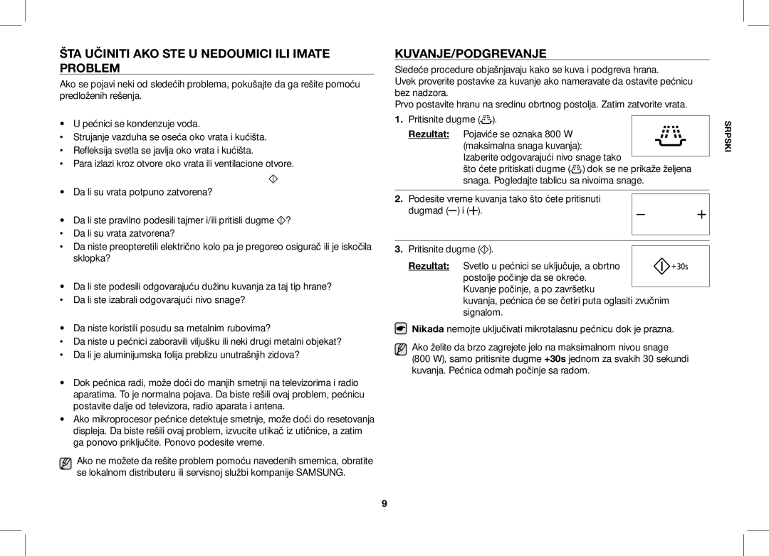 Samsung ME86V-SS/BOL, ME86V-BB/BOL, ME86V-SS/XEO ŠTA Učiniti AKO STE U Nedoumici ILI Imate Problem, Kuvanje/Podgrevanje 