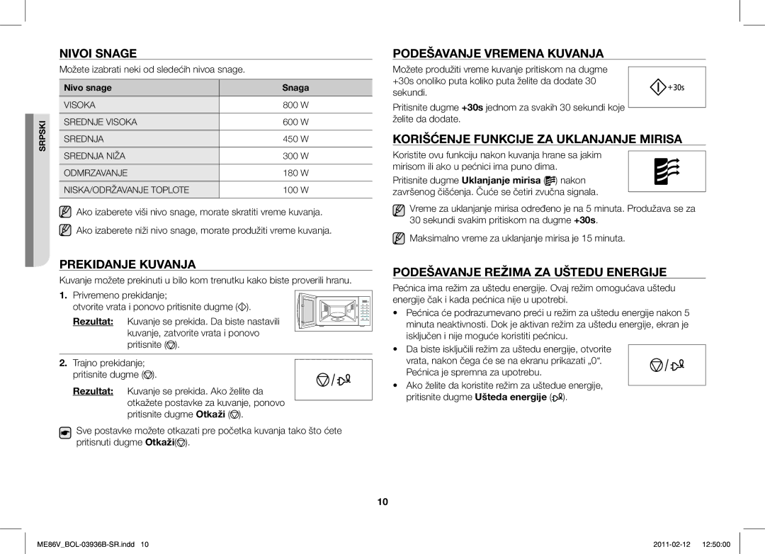 Samsung ME86V-SS/XEO Nivoi Snage, Prekidanje Kuvanja, Podešavanje Vremena Kuvanja, Podešavanje Režima ZA Uštedu Energije 