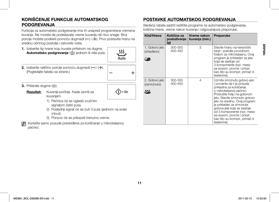 Samsung ME86V-SS/SLI, ME86V-BB/BOL manual Korišćenje Funkcije Automatskog Podgrevanja, Postavke Automatskog Podgrevanja 