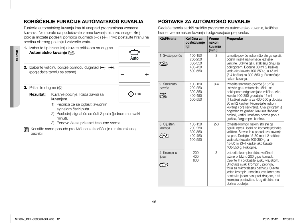 Samsung ME86V-BB/BOL manual Korišćenje Funkcije Automatskog Kuvanja, Postavke ZA Automatsko Kuvanje, Automatsko kuvanje 