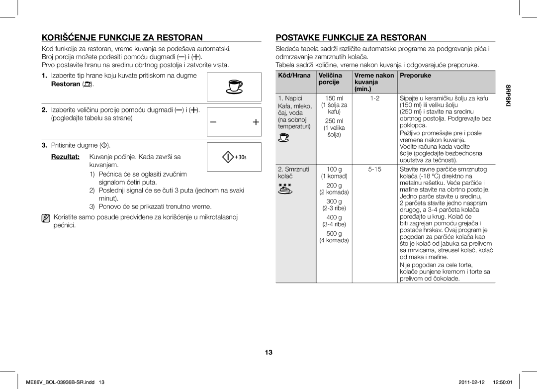 Samsung ME86V-SS/BOL, ME86V-BB/BOL, ME86V-SS/XEO manual Korišćenje Funkcije ZA Restoran, Postavke Funkcije ZA Restoran 