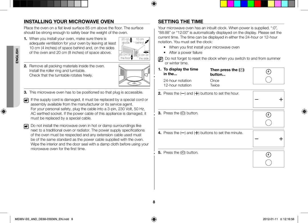 Samsung ME86V-SS/AND manual Installing Your Microwave Oven, Setting the Time, Then press Button Hour notation Once Twice 