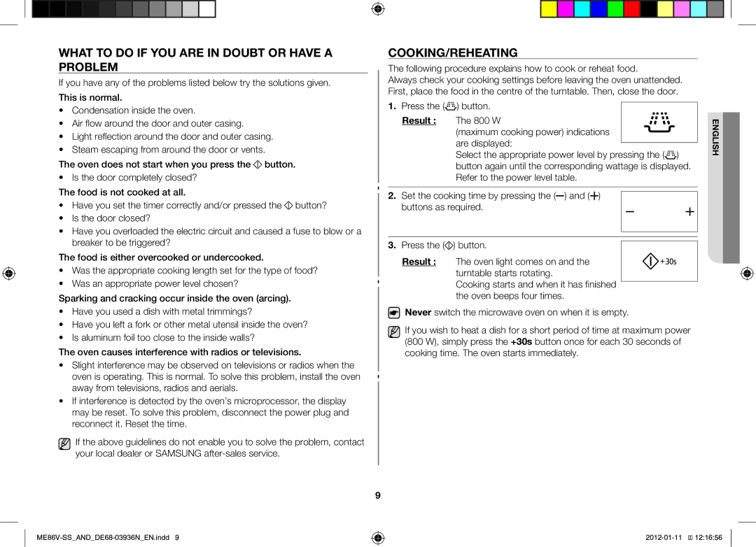 Samsung ME86V-SS/SLI, ME86V-SS/AND manual What to do if YOU are in Doubt or have a Problem, Cooking/Reheating, Result 