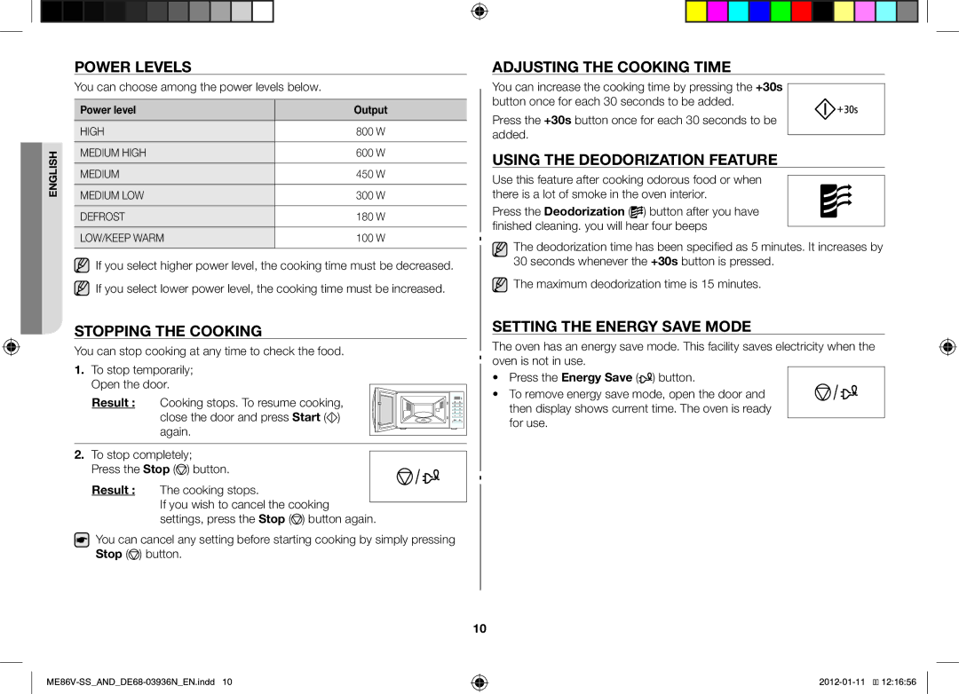 Samsung ME86V-SS/AND manual Power Levels, Stopping the Cooking, Adjusting the Cooking Time, Using the Deodorization Feature 