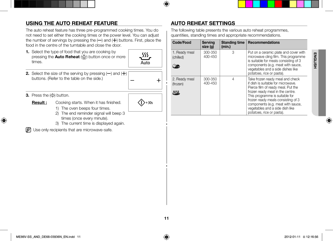 Samsung ME86V-SS/SLI Using the Auto Reheat Feature, Auto Reheat Settings, Code/Food Serving, Recommendations, Size g Min 