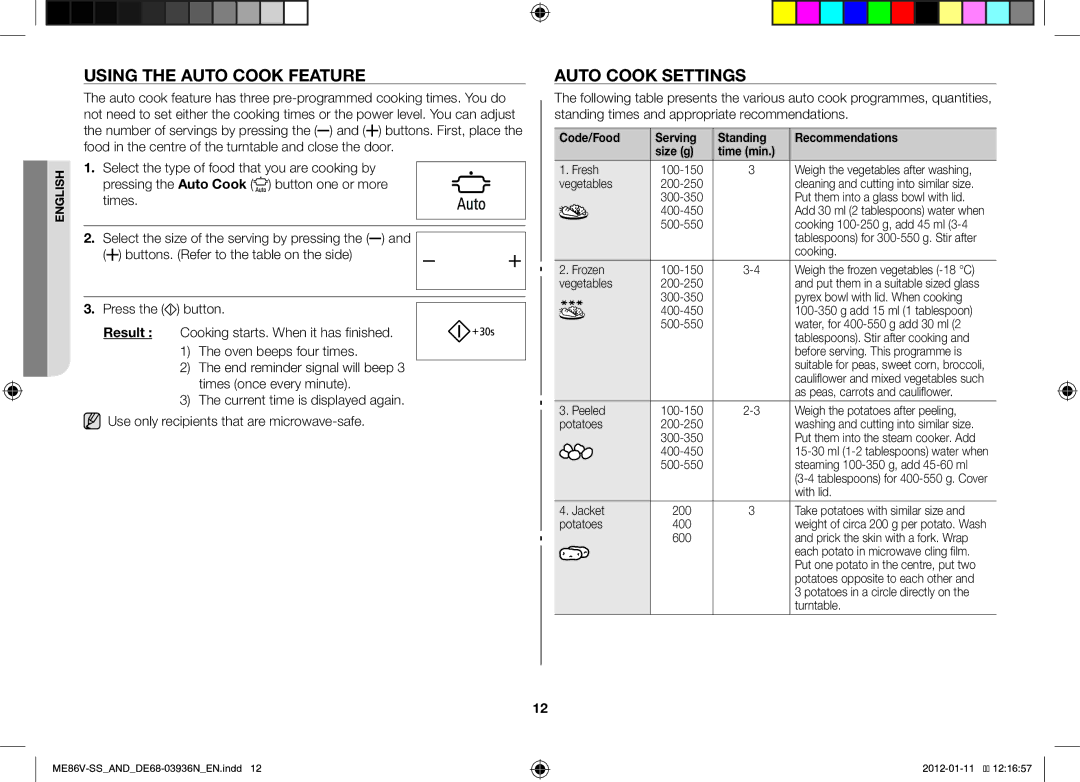 Samsung ME86V-SS/AND, ME86V-SS/SLI manual Using the Auto Cook Feature, Auto Cook Settings 